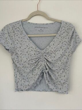 Aeropostale Light Blue Floral Ruched Front Cropped Top medium
